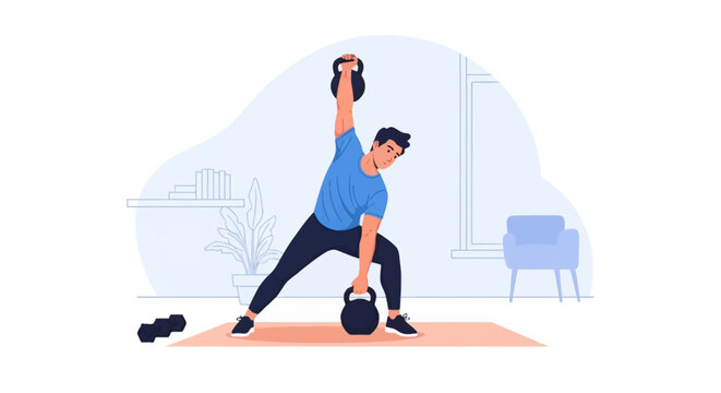 Flat vector illustration of an athletic man performing a kettlebell windmill exercise on an exercise mat in a home living room interior with dumbbells and indoor plants.