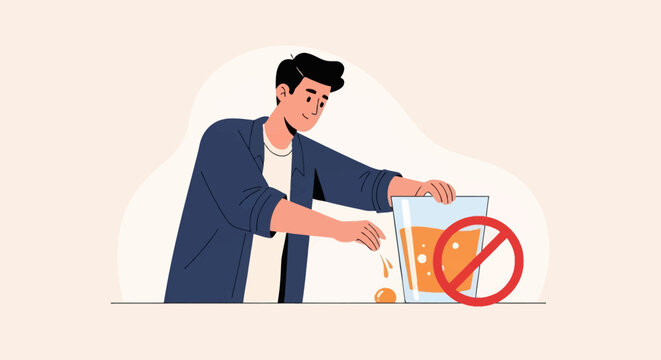 2D flat vector illustration of a young man pushing aside a glass of alcoholic beverage with a red prohibition sign, symbolizing sobriety, quitting drinking, and health.