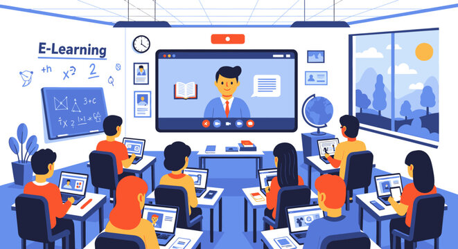 Students attend online education class with teacher on computer screen