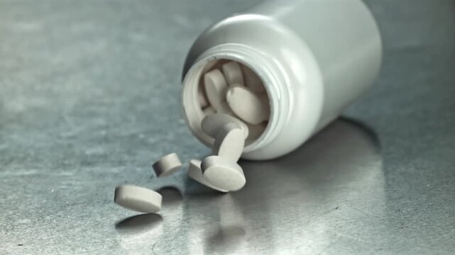 White tablets spill from overturned bottle onto textured metal, Filmed on a high-speed camera at 1000 fps.