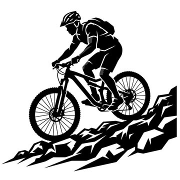 Mountain biker riding on rugged rocky terrain silhouette