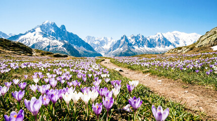 Obraz premium Spring blooming of primroses in mountains under blue sky with dirt path leading to majestic snowy rocks and highland glaciers