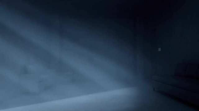 Dramatic cinematic light beams piercing through dark interior shadows creating intense atmospheric mood