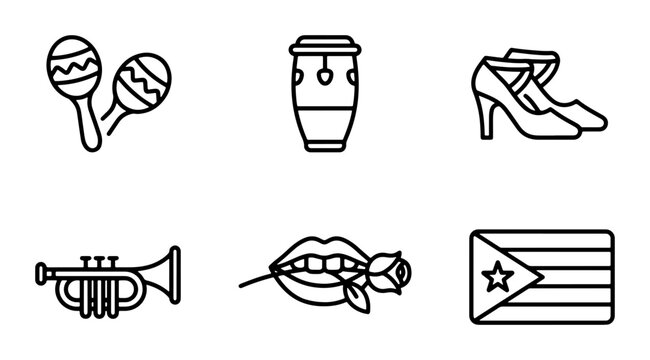 Latin Music Icons: Maracas, Conga Drum, Trumpet, Heels, Rose Lips, Cuba Flag Vector Set