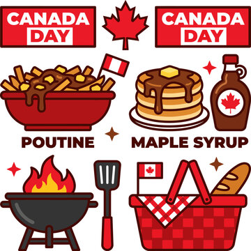 Canadian food and symbols for Canada Day celebration with poutine and maple syrup