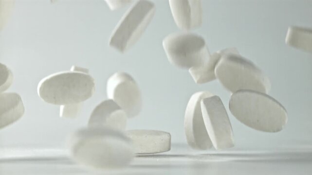 White tablets leap and tumble across cool metal plane, dramatic Filmed on a high-speed camera at 1000 fps.