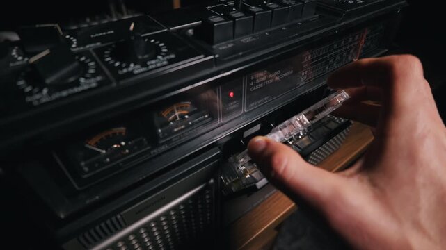 Male hand pushes an analog audio cassette tape into the deck of a dark retro stereo boombox. Concept of nostalgic analog music media listening and vintage technology revival lifestyle.