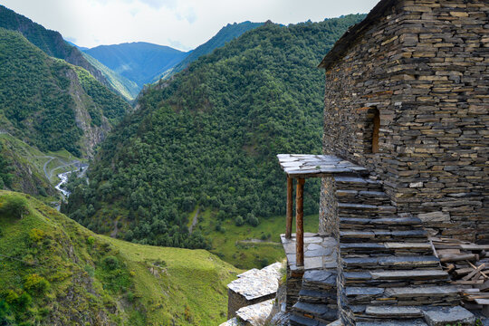 Mutso, Georgia, Historic stone tower and fortifications of Mutso citadel in the Caucasus mountains