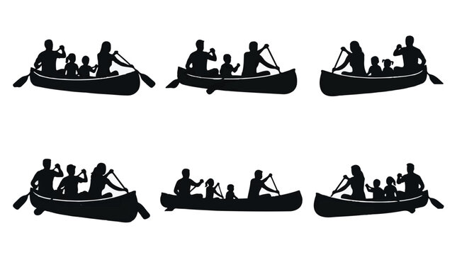 Silhouettes of people in canoes with oars