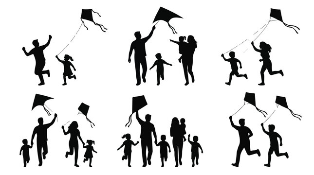 Silhouette of people flying kites in various playful poses