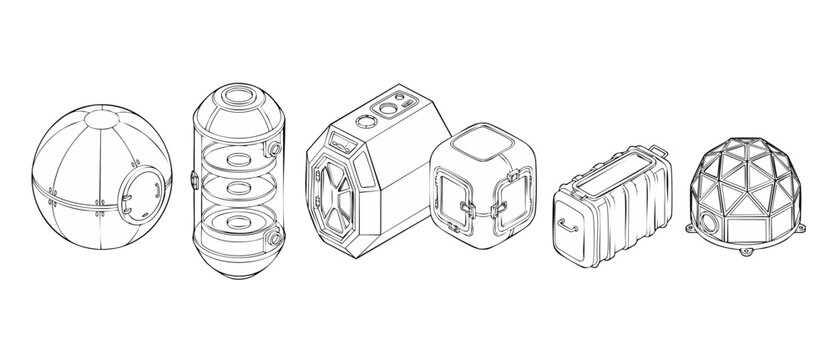 Sci-fi space habitat module line art isometric vector set of futuristic colony base structures, geodesic dome, capsule pod, and cargo container icons in minimal outline blueprint design style.