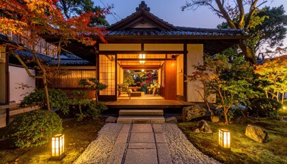 Fototapeta premium An ancient Asian pavilion with a traditional oriental roof stands as a historic cultural landmark nestled inside a beautiful Japanese garden park