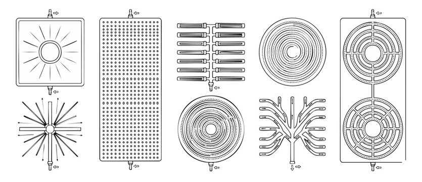 Fluid distribution manifold technical diagrams showing various sparger designs, radial nozzles, spiral coils, spray plates, and liquid distributor piping systems for chemical engineering process desig