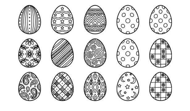 Easter eggs coloring page template with decorative patterned eggs in grid layout vector illustration