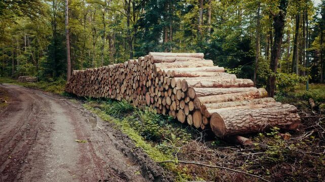 A large stack of cut timber logs piled neatly beside a dirt forest road, surrounded by green trees and ferns, depicting forestry and logging industry operations.