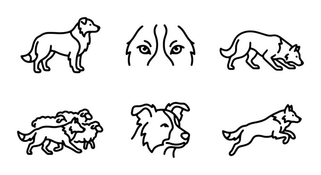 Dog Icons Set, Border Collie Line Art, Sheep Herding Graphics, Animal Vector Collection