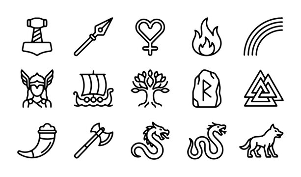 Norse Mythology Icons Set, Viking Symbols Vector Collection, Ancient Runes and Gods Graphics