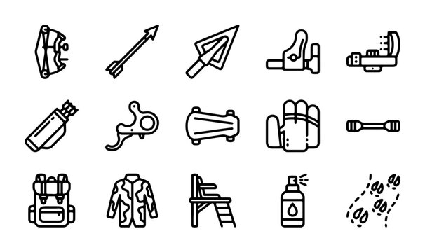 Archery Equipment Icons, Hunting Gear Vector Set, Outdoor Sport Accessories Collection