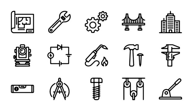 Engineering Icons Set: Blueprint, Tools, Machinery, Construction, Architecture, Science