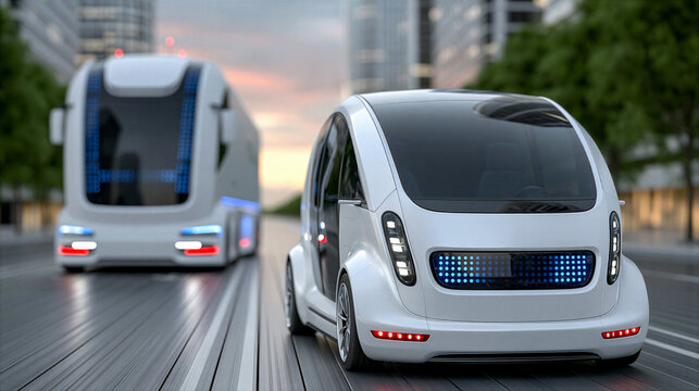 Autonomous electric shuttle bus and electric car driving on urban road. Future smart transportation system. Sustainable city transit, green mobility technology concept design.