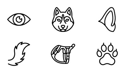Husky Dog Icons: Eye, Face, Ear, Tail, Collar, Paw Print Vector Set © Imtiaz
