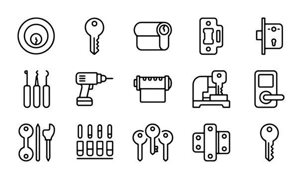 Locksmith Tools Vector Icons, Security Hardware, Key Cutting Machine, Door Locks, Lock Picks