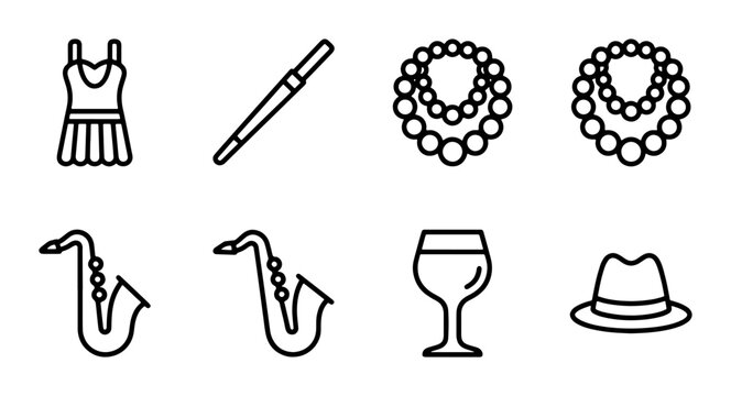 Art Deco Icon Set: Flapper Dress, Saxophone, Pearls, Fedora, Wine Glass Vector Icons