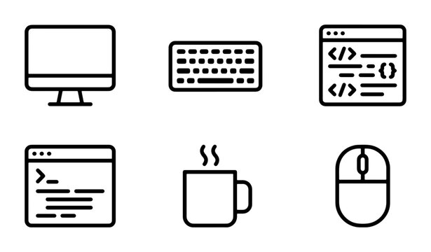 Coding Icons Set, Computer, Keyboard, Mouse, Code Window, Hot Coffee Cup, Technology Icons