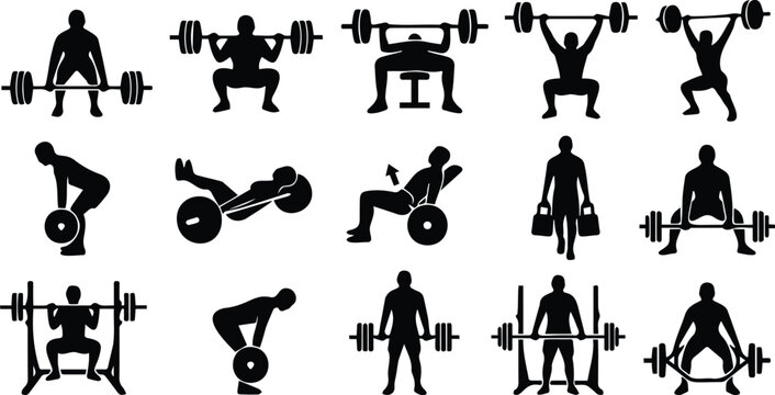 Weightlifting and powerlifting icon set with bodybuilding workout exercise vector black silhouette on white background