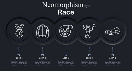 Race set icon. Neomorphic dark interface circles with line symbols of gold medal award, racing jacket suit, turbo turbine wheel, champion driver flag, exhaust pipe smoke © Anastasia