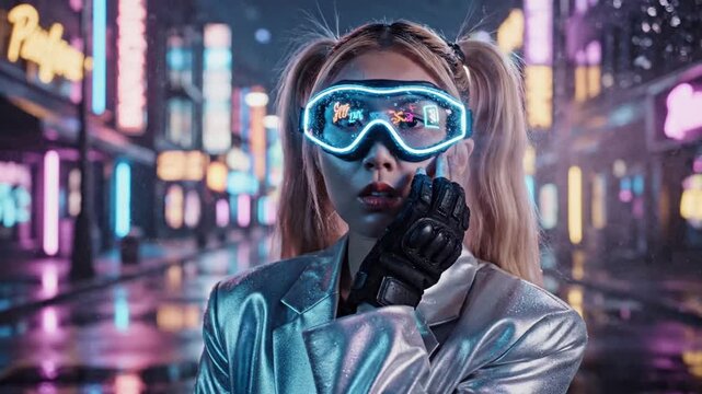 A young woman wears glowing futuristic goggles in a neon city