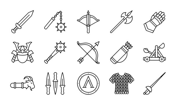 Medieval Weapons Icons Set, Historical Combat Gear Vector Collection, Ancient Warfare Armaments Graphics