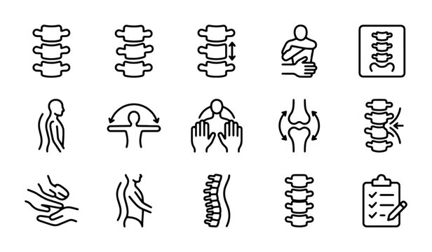 Spine Anatomy Icons: Vertebrae, Posture, Chiropractic, Massage, Health Care Vector Set