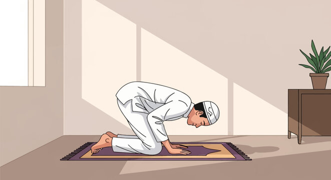 Flat vector illustration of a Muslim man wearing a white thobe and kufi cap performing Sajdah prostration on a prayer rug during Salah in a sunlit minimalist room with a potted plant.