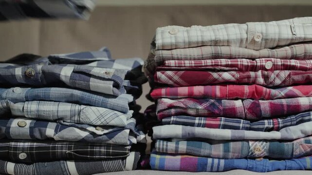A motion footage of a female hand neatly folding and stacking two piles of plaid shirts on a neutral background.