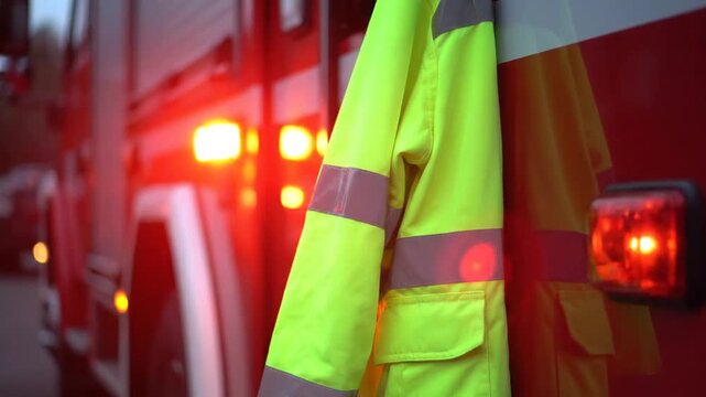 High visibility safety jacket with reflective strips hangs on the side of a red fire truck with emergency lights flashing.