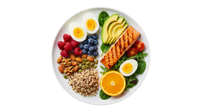 Healthy balanced diet meal plate top view isolated on transparent background for nutrition blog