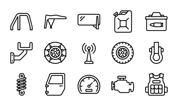 Automotive Off-Road Parts Icons, Vehicle Accessories Vector Set, Off-Roading Gear Graphics