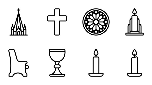 Religious Icons Set: Church, Cross, Chalice, Candles, Rose Window, Pew, Worship Symbols