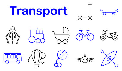 Transport vehicle set icon. Line style icons display ship vessel, train engine, baby stroller, bicycle, motorcycle, bus transport, hot air balloon, satellite dish, airplane, scooter board © Anastasia