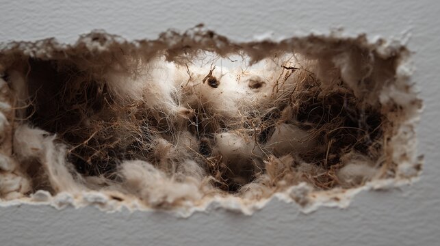 Close up of a recessed drywall hole with fiber insulation exposed, showing damaged gypsum edge and need for drywall repair and patching.