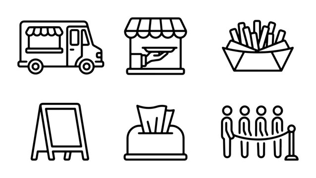 Food Truck, Stall, Fries, Sign, Napkins, Queue Icons: Street Food Service Vector Set