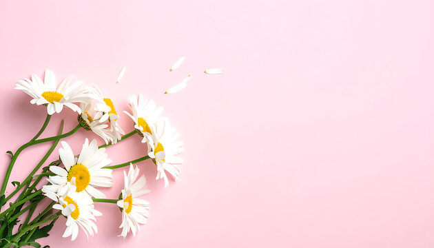 A bouquet of white daisies with green stems scattered across a soft pink background, evoking spring and nature