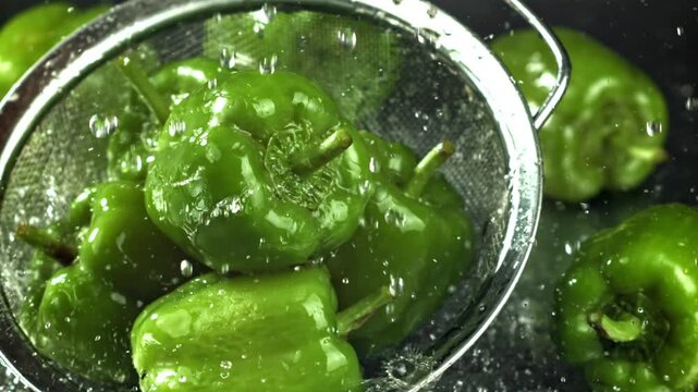 Green peppers rinsed in metal strainer with cascading water, kitchen Filmed on a high-speed camera at 1000 fps.
