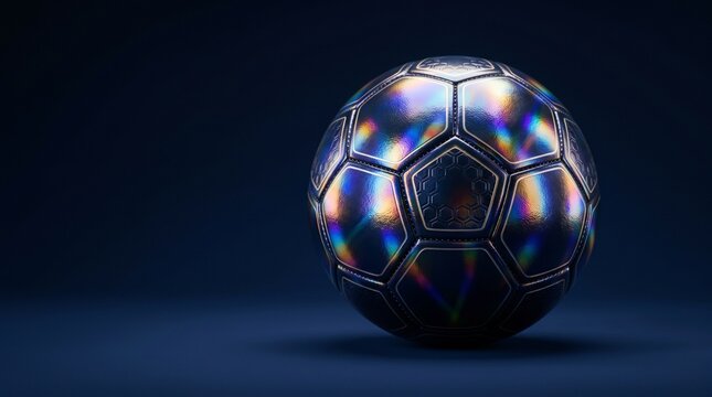 Futuristic iridescent soccer ball with metallic rainbow sheen on dark blue background, hightech 3d render of modern football with glowing chromatic panels