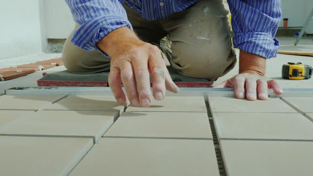 A male worker installing ceramic floor tiles on apartment balcony, close-up dynamic shot of the construction process.
