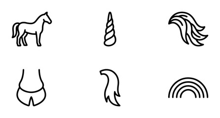 Unicorn Elements Vector Icons: Horse, Horn, Mane, Tail, Hooves, Rainbow Graphics © Monirul