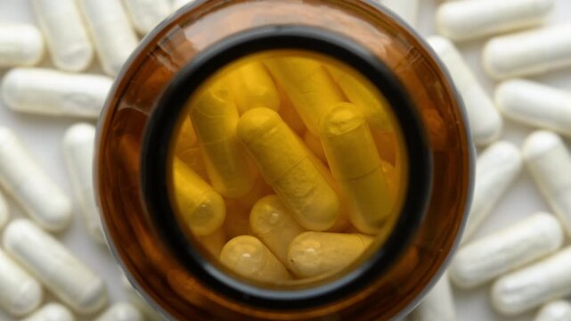 Top view of amber supplement bottle slowly rotating among white capsules on clean surface for healthcare macro product video