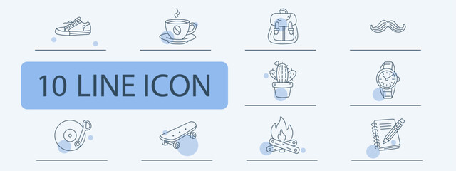 Lifestyle essentials set icon. Shoe cup backpack mustache cactus watch headphones record skateboard fire notebook objects daily items. © Anastasia