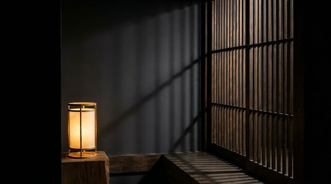 Close-up view of a cylindrical washi paper lantern on a rustic wooden log casting linear shadows against a dark wall